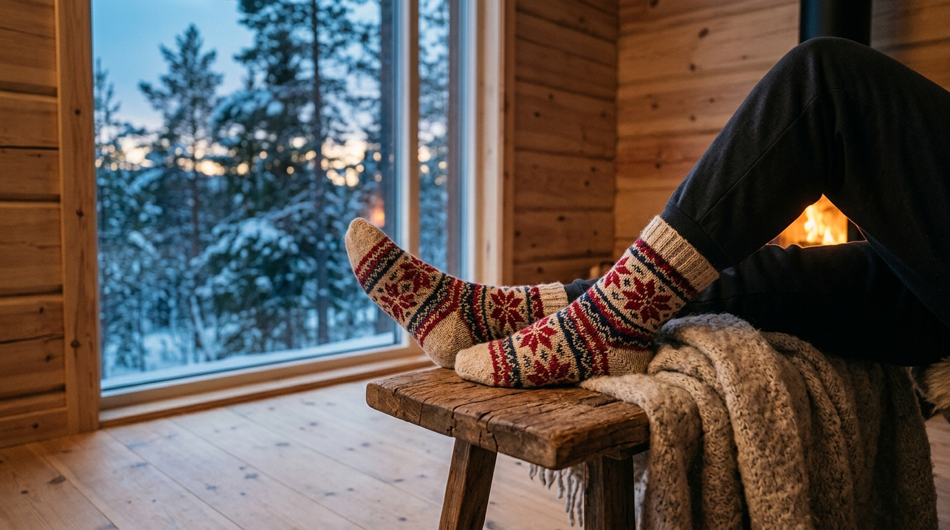 scandi and nordic merino wool socks displayed on feet inside a cozy cabin with snowy forest window view